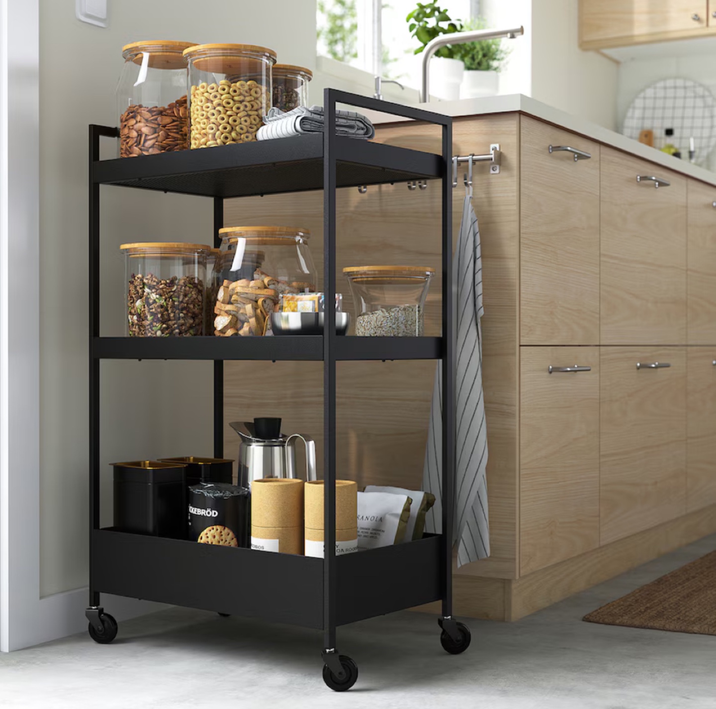 Black Metal Rolling Utility Cart - Three Tier Storage