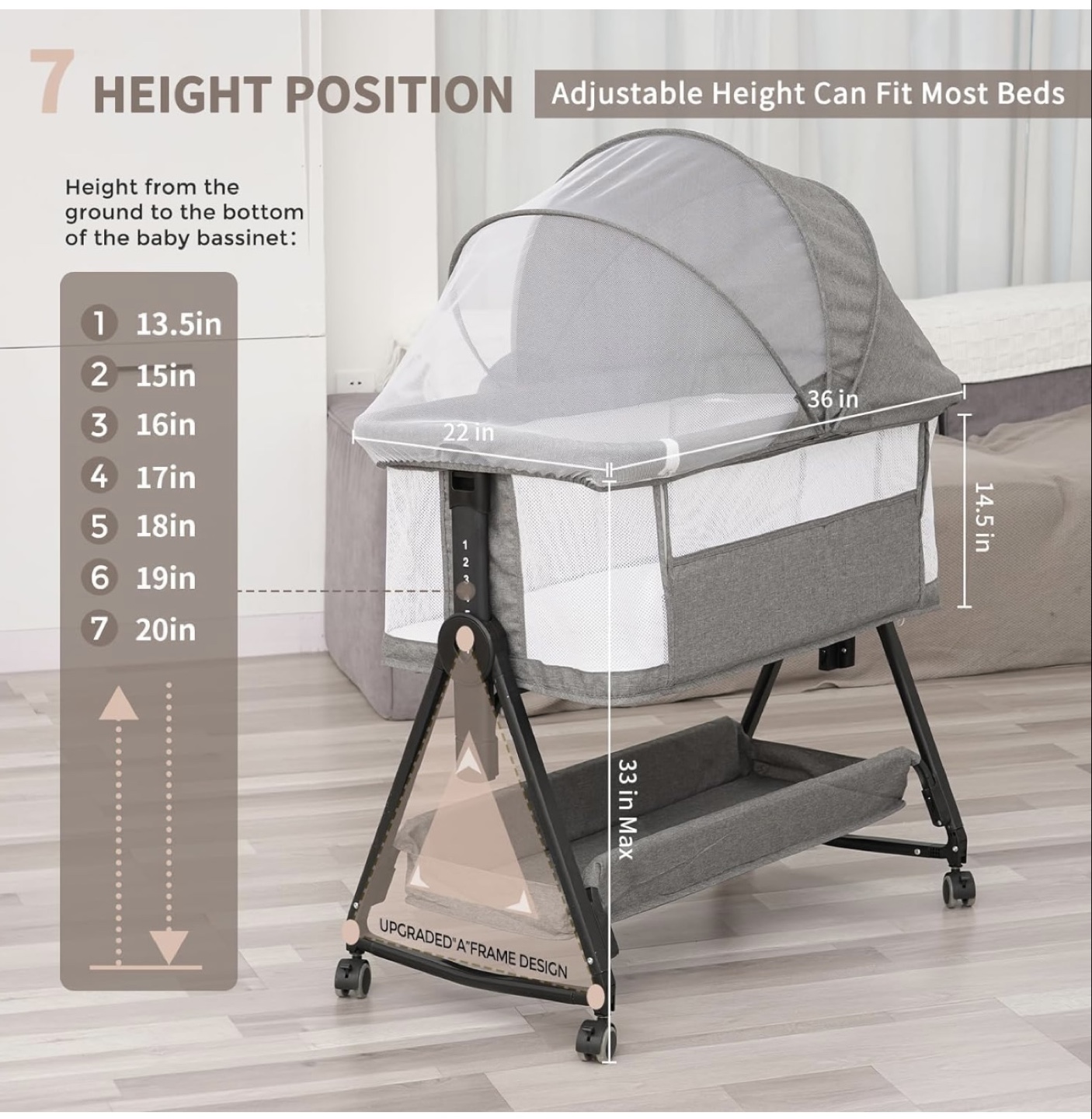 Adjustable Height Baby Bassinet with Mosquito Net