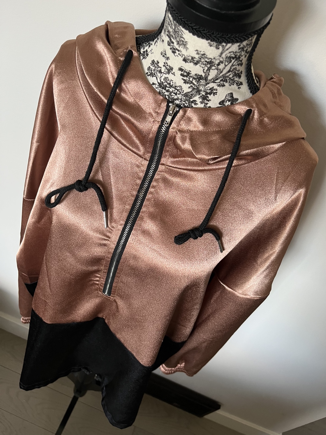Rose Gold and Black Satin Hoodie Jacket