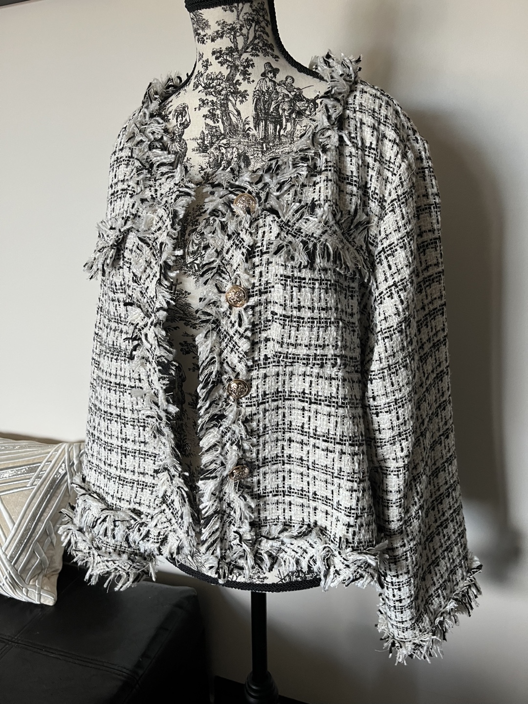 Black and White Tweed Jacket with Fringing - photo 3