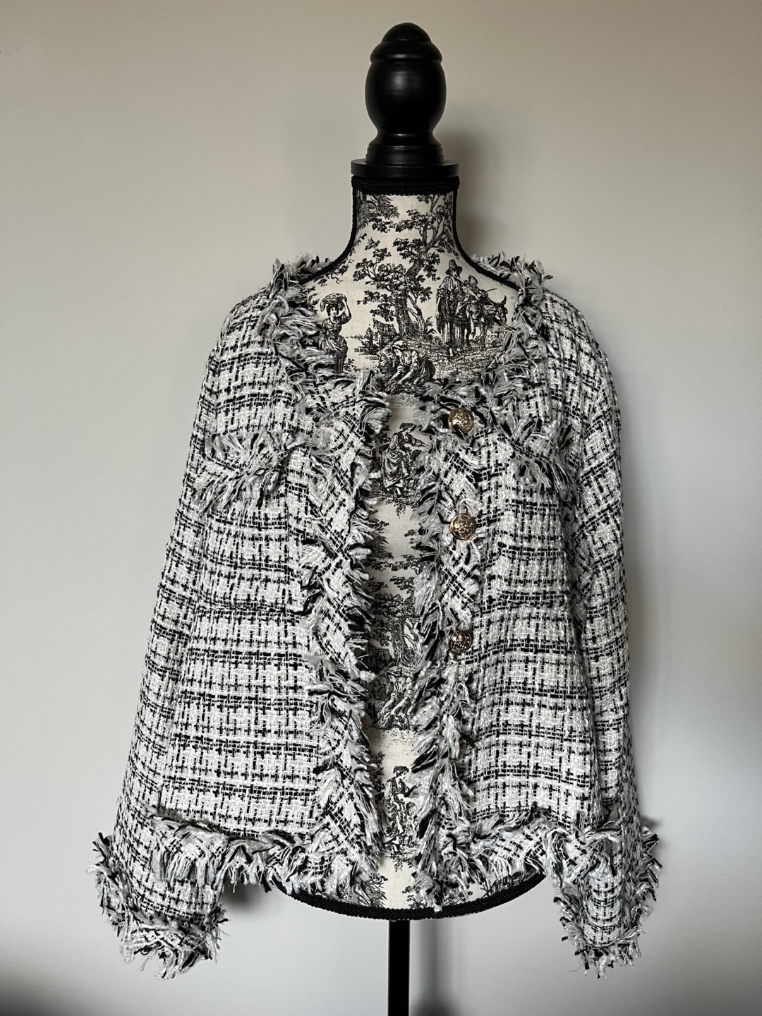 Black and White Tweed Jacket with Fringing