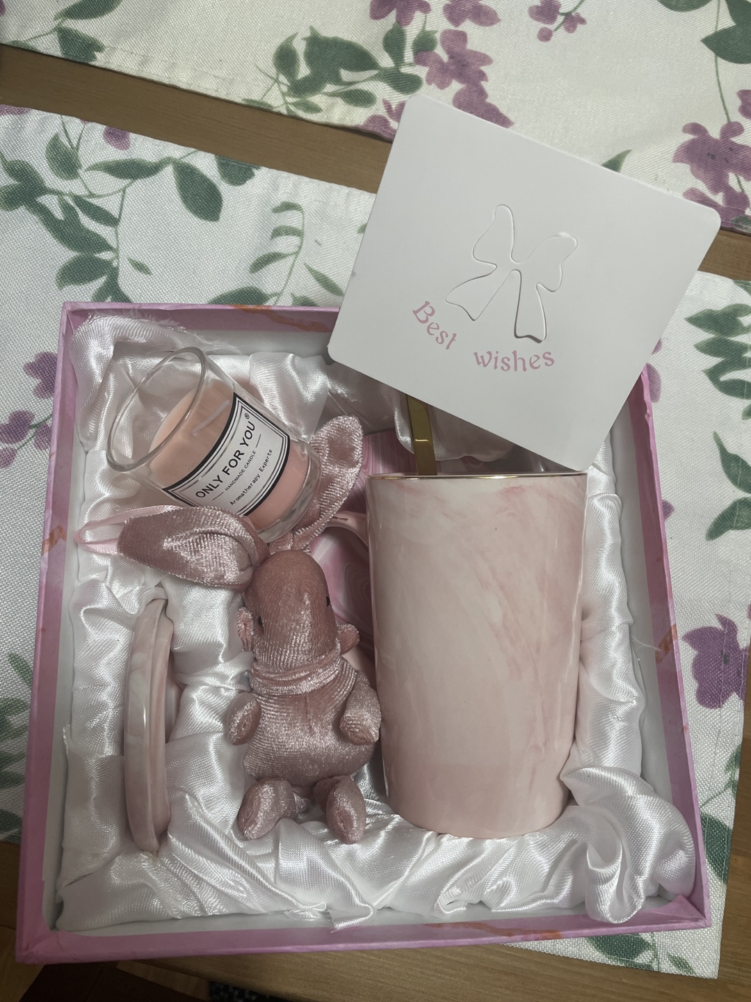Pink Gift Set with Mug, Candle, and Bunny