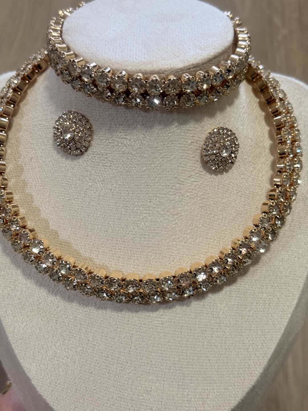 Gold Rhinestone Jewellery Set - Necklace, Bracelet & Earrings
