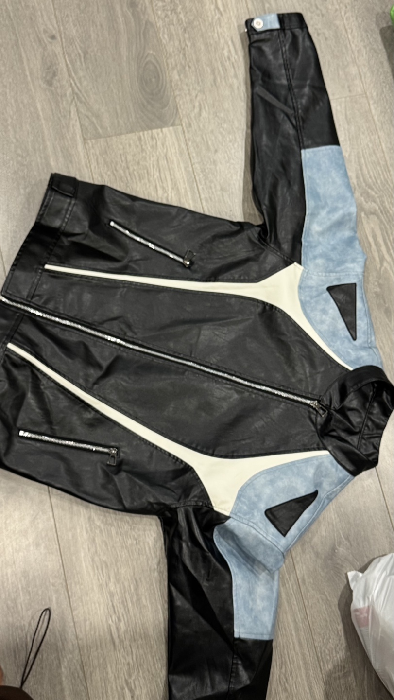 Men’s Black, White, and Light Blue Leather Jacket - photo 2