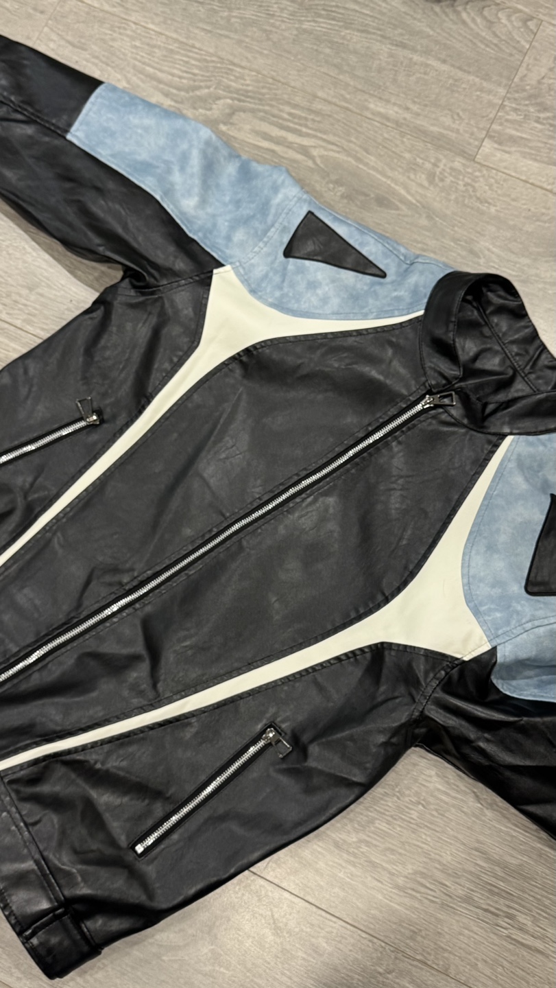 Men’s Black, White, and Light Blue Leather Jacket