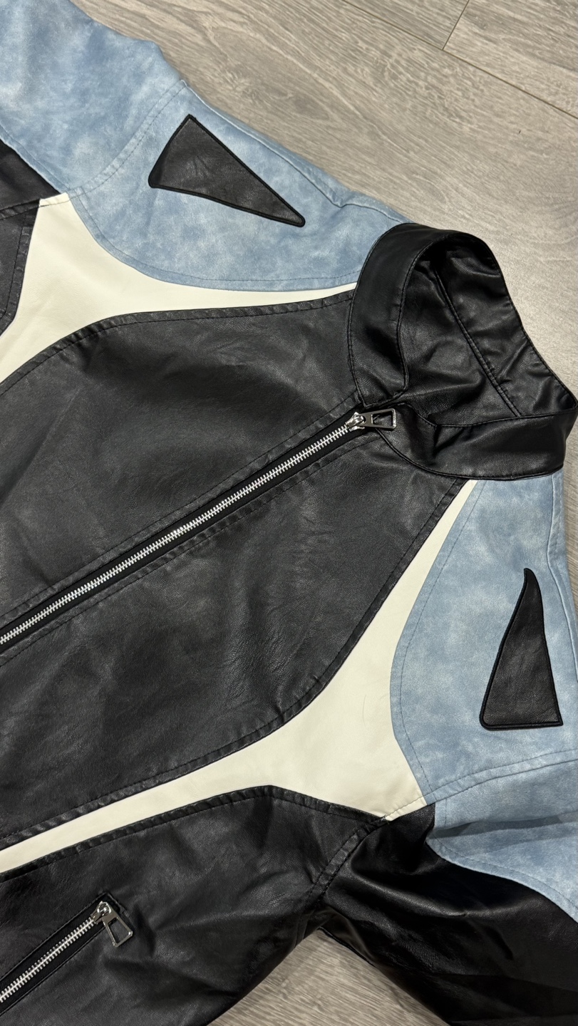Men’s Black, White, and Light Blue Leather Jacket - photo 3