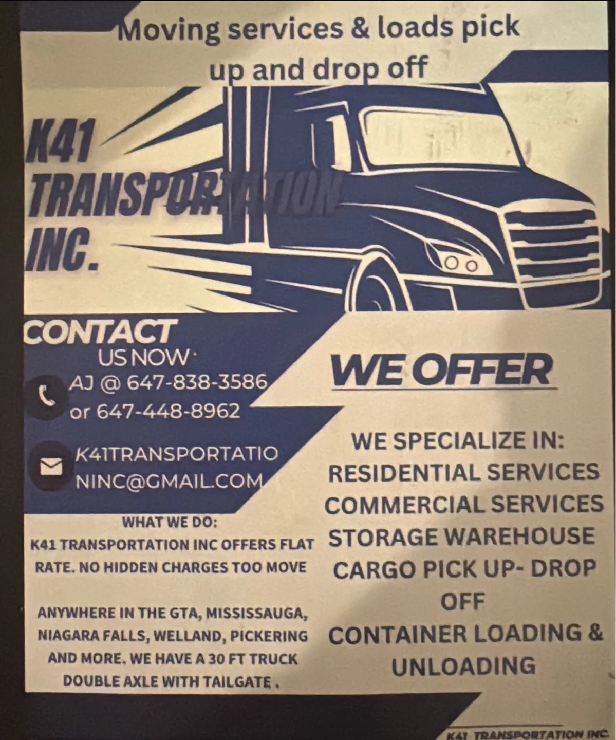 K41 Transportation Inc. Moving Services Advertisement