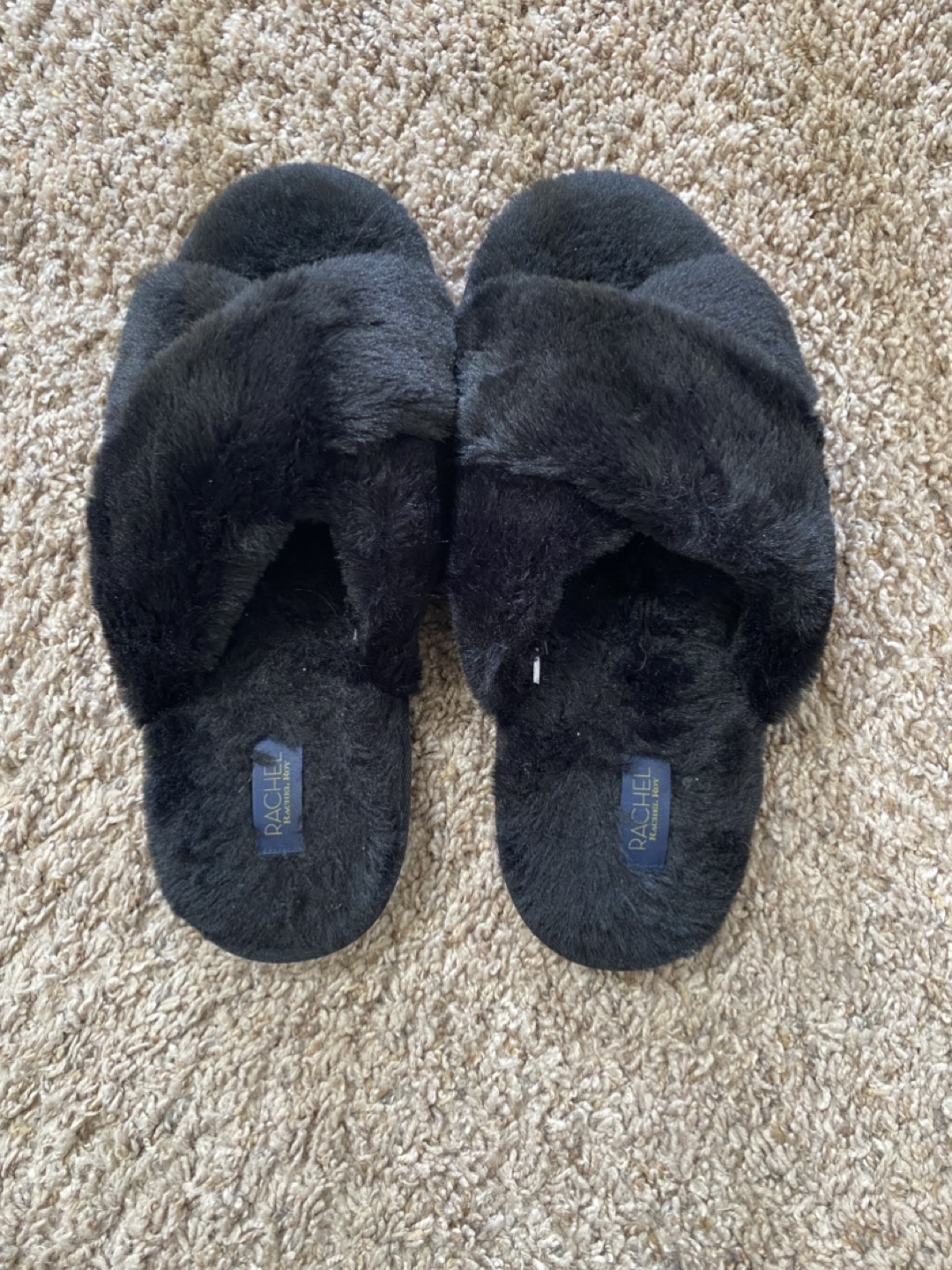 Rachel Roy Black Fuzzy Cross-Strap Slides - Size L 9-10