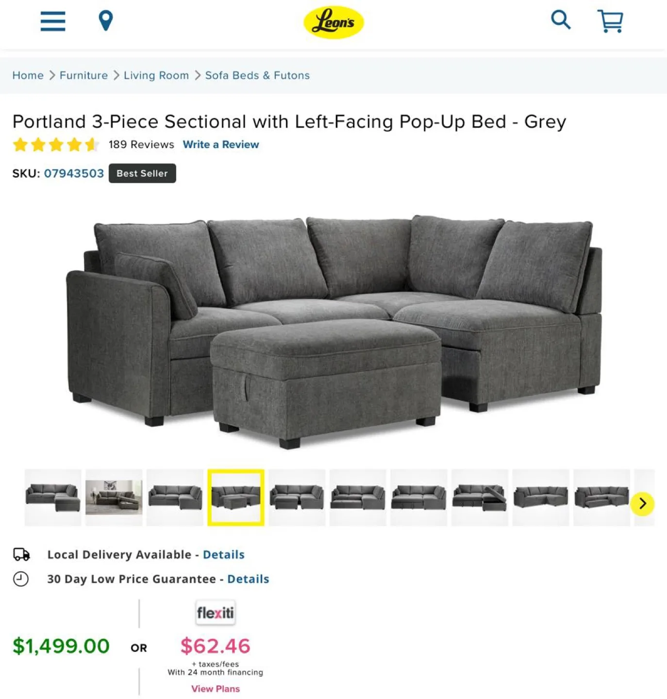 Leon's Portland Sectional Sofa - Grey image indicator(8)