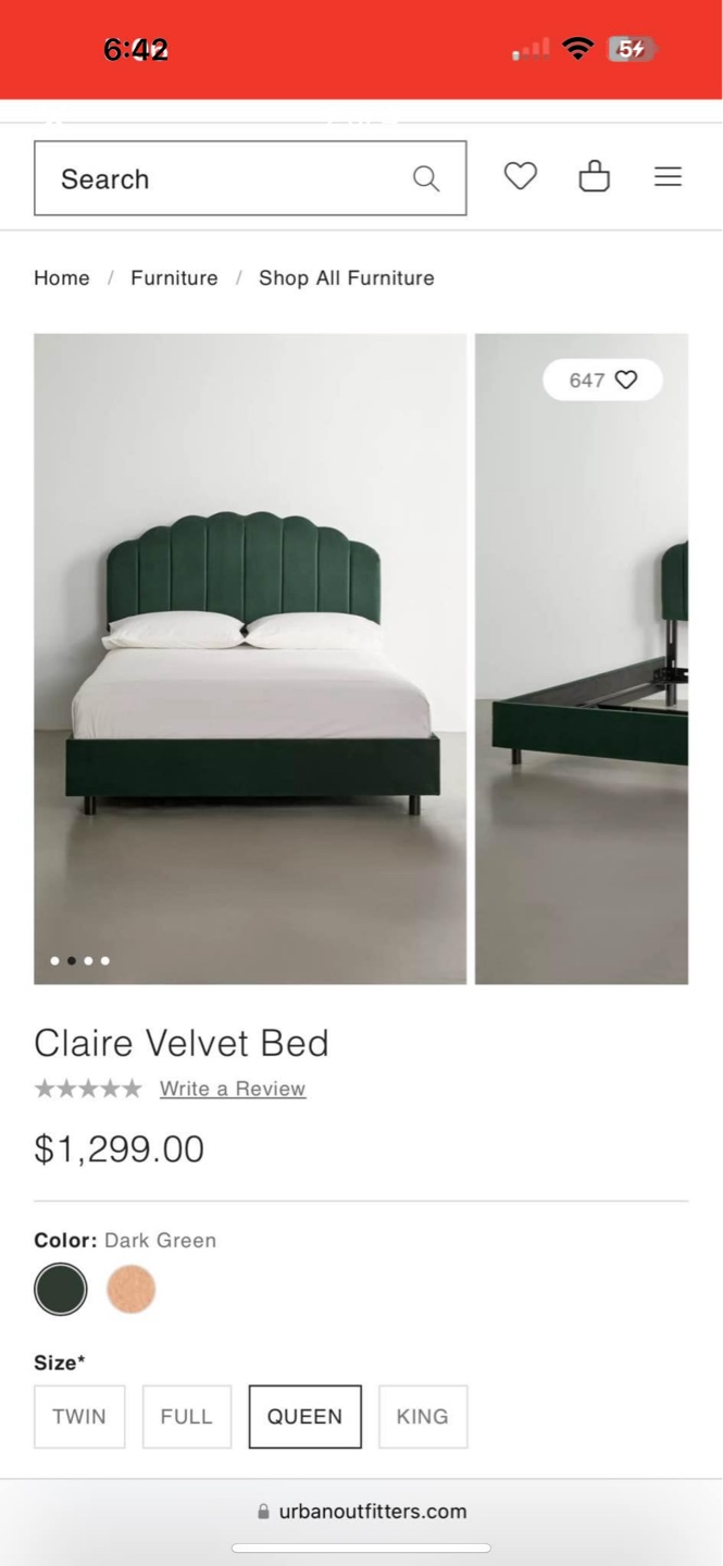 Urban Outfitters Claire Velvet Queen Bed Frame - Dark Green