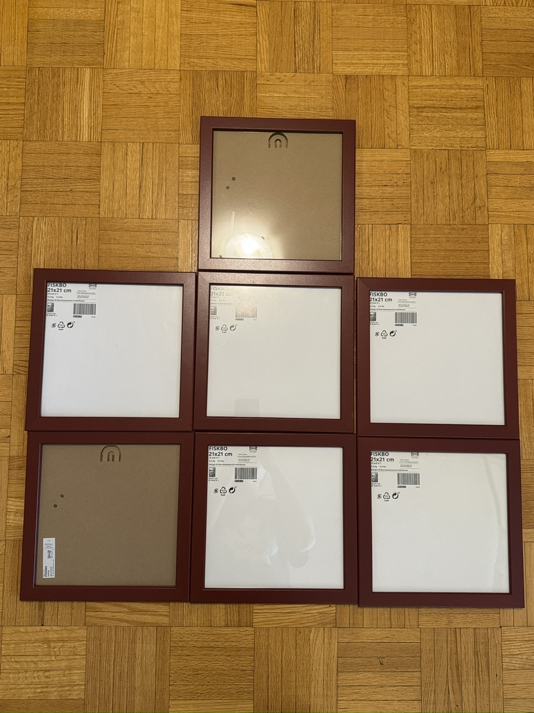 Seven IKEA FISKBO Picture Frames, 21x21 cm, Dark Red