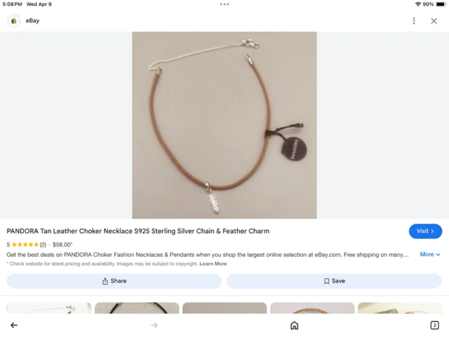 Pandora Tan Leather Choker Necklace with Feather Charm image indicator(3)