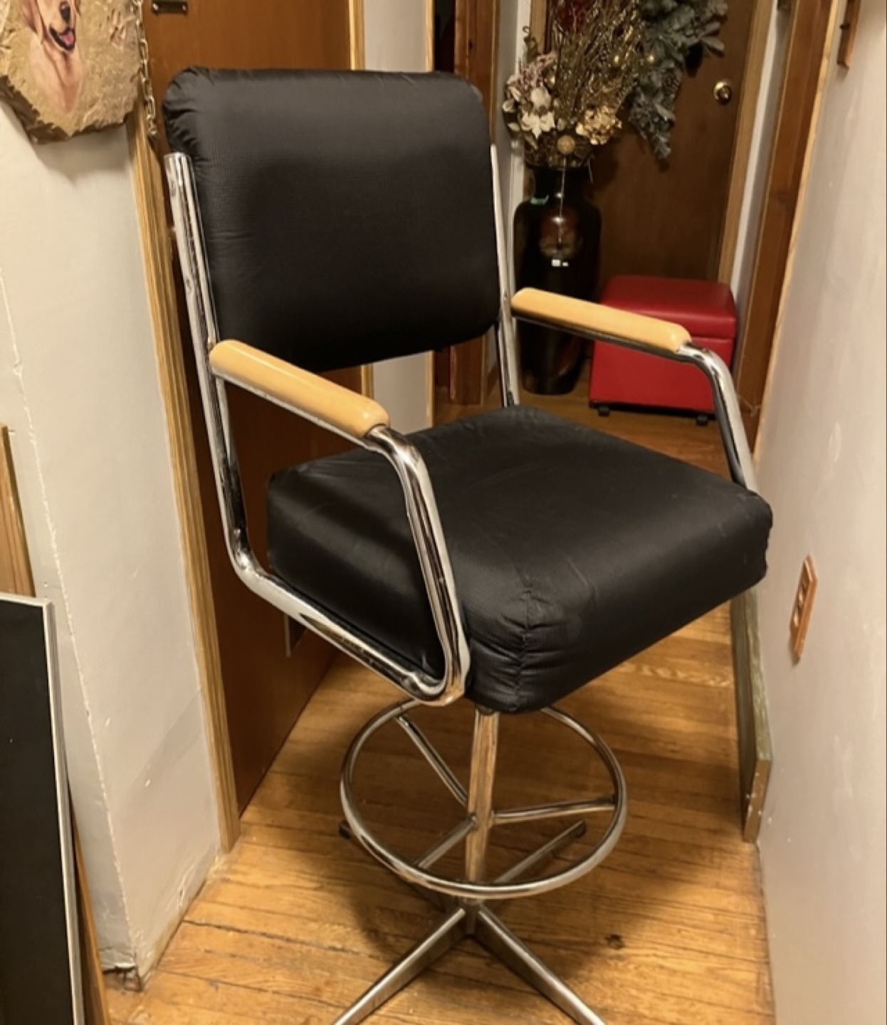 Vintage Chrome and Wood Swivel Bar Stool