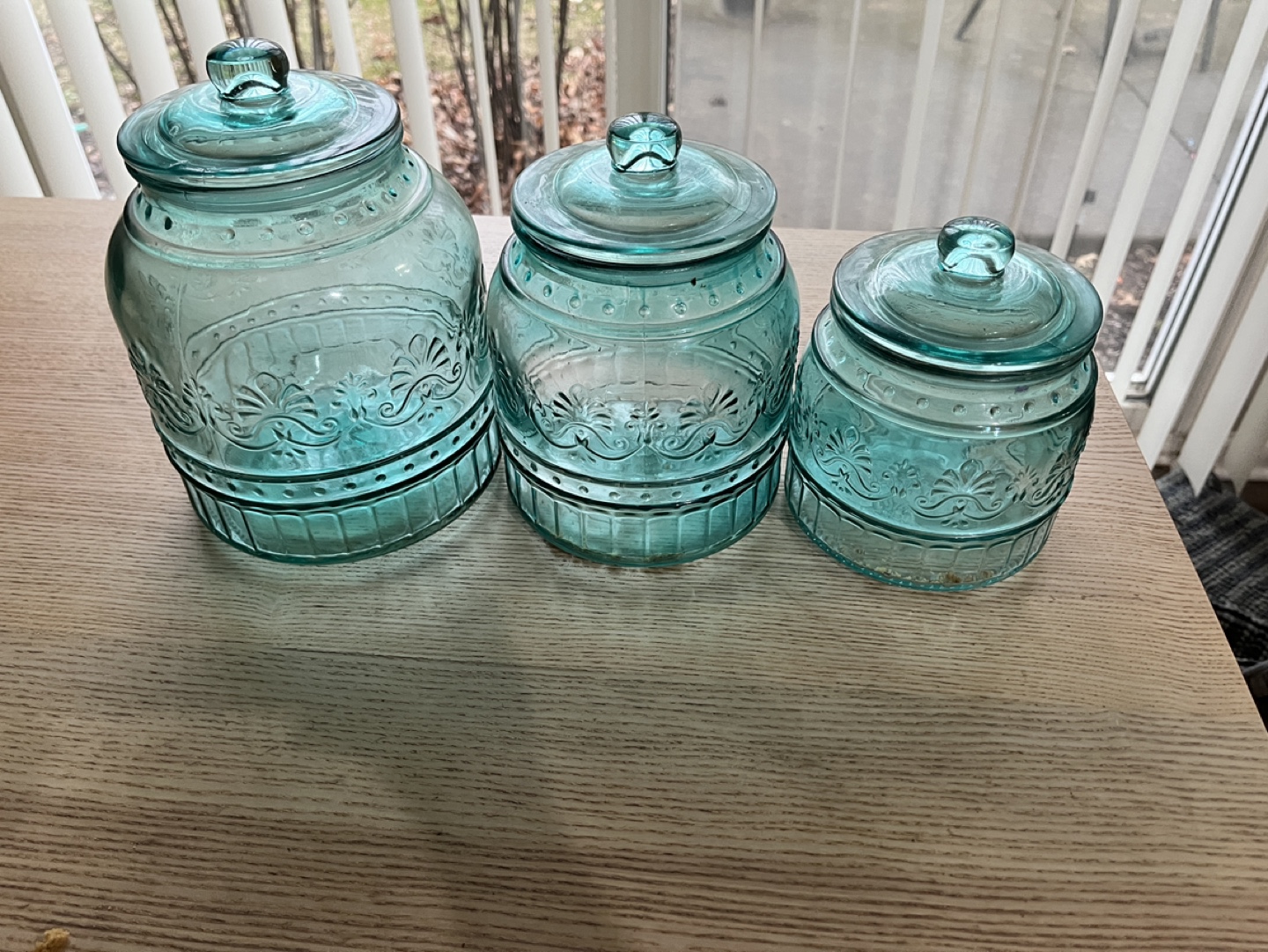 Set of 3 Blue Glass Canisters with Lids