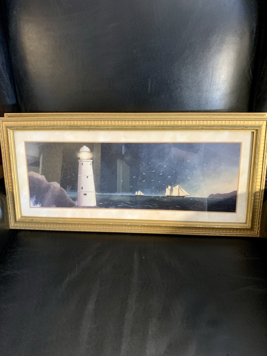 Framed Lighthouse and Sailboats Artwork