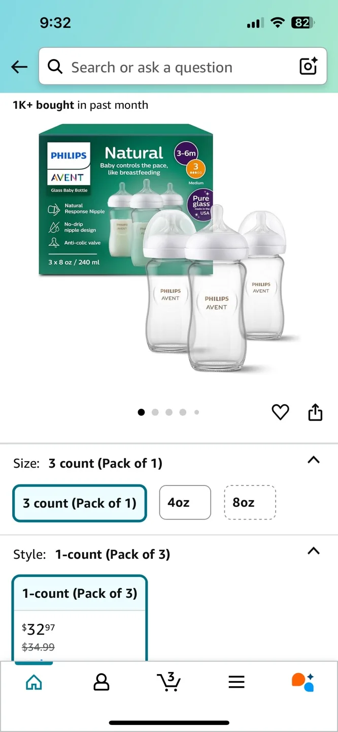 Philips Avent Natural Glass Baby Bottles (3-pack, 8oz) image indicator(2)