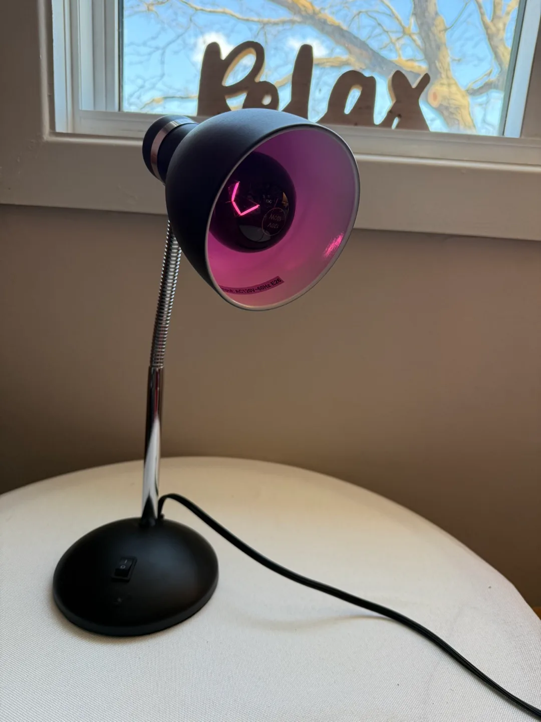 Black Gooseneck Desk Lamp with Purple Bulb