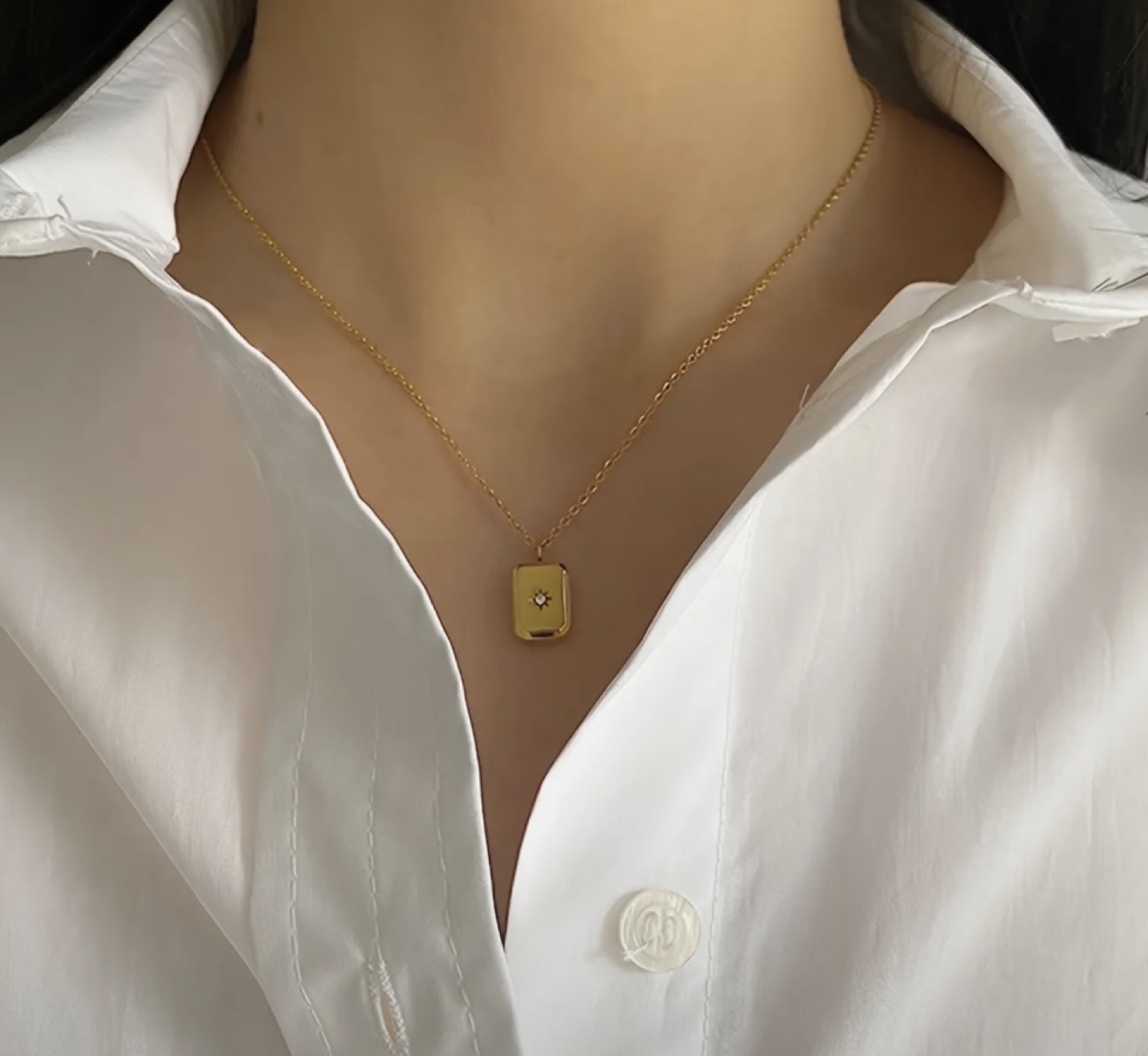 Gold Plated Rectangle Pendant Necklace with Cubic Zirconia - photo 2