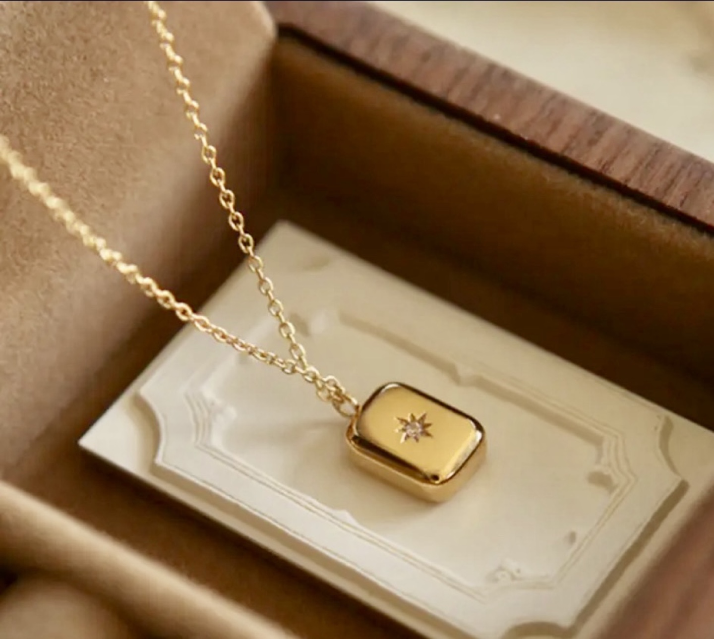 Gold Plated Rectangle Pendant Necklace with Cubic Zirconia