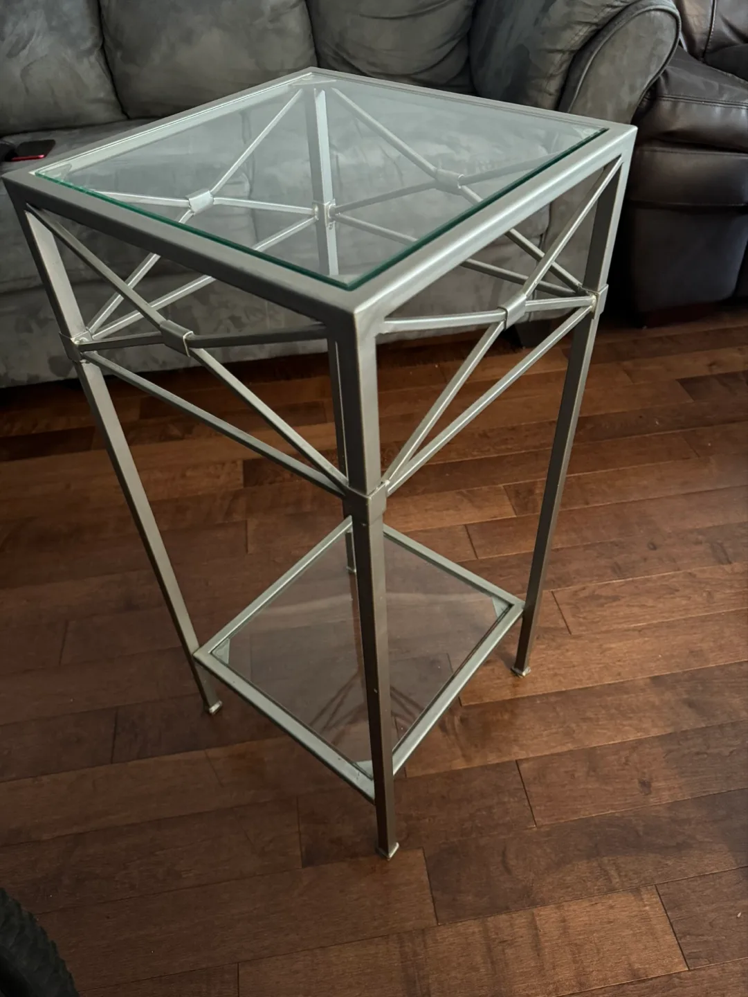 Tall Silver Metal and Glass Side Table thumbnail