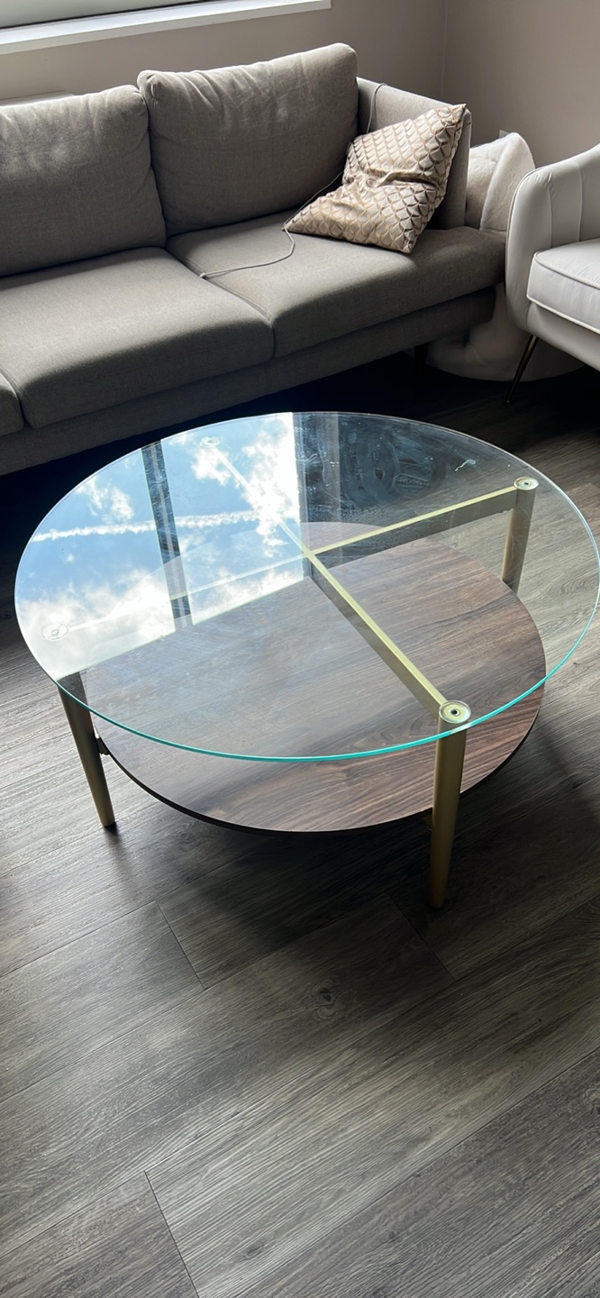 Round Glass Top Coffee Table with Wood Shelf