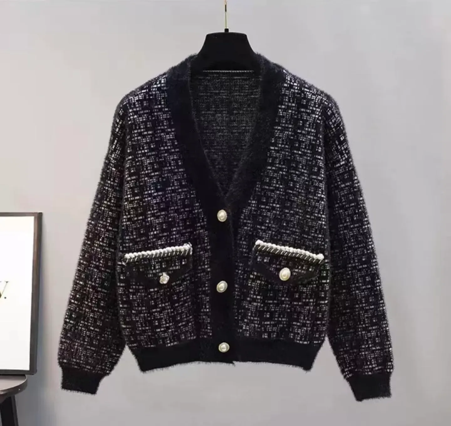 Black and White Fuzzy Cardigan Sweater thumbnail