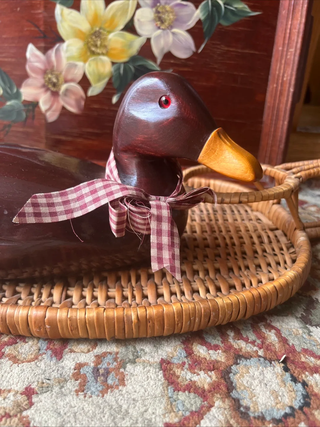 Hand-Carved Wooden Duck on Wicker Tray image indicator(4)