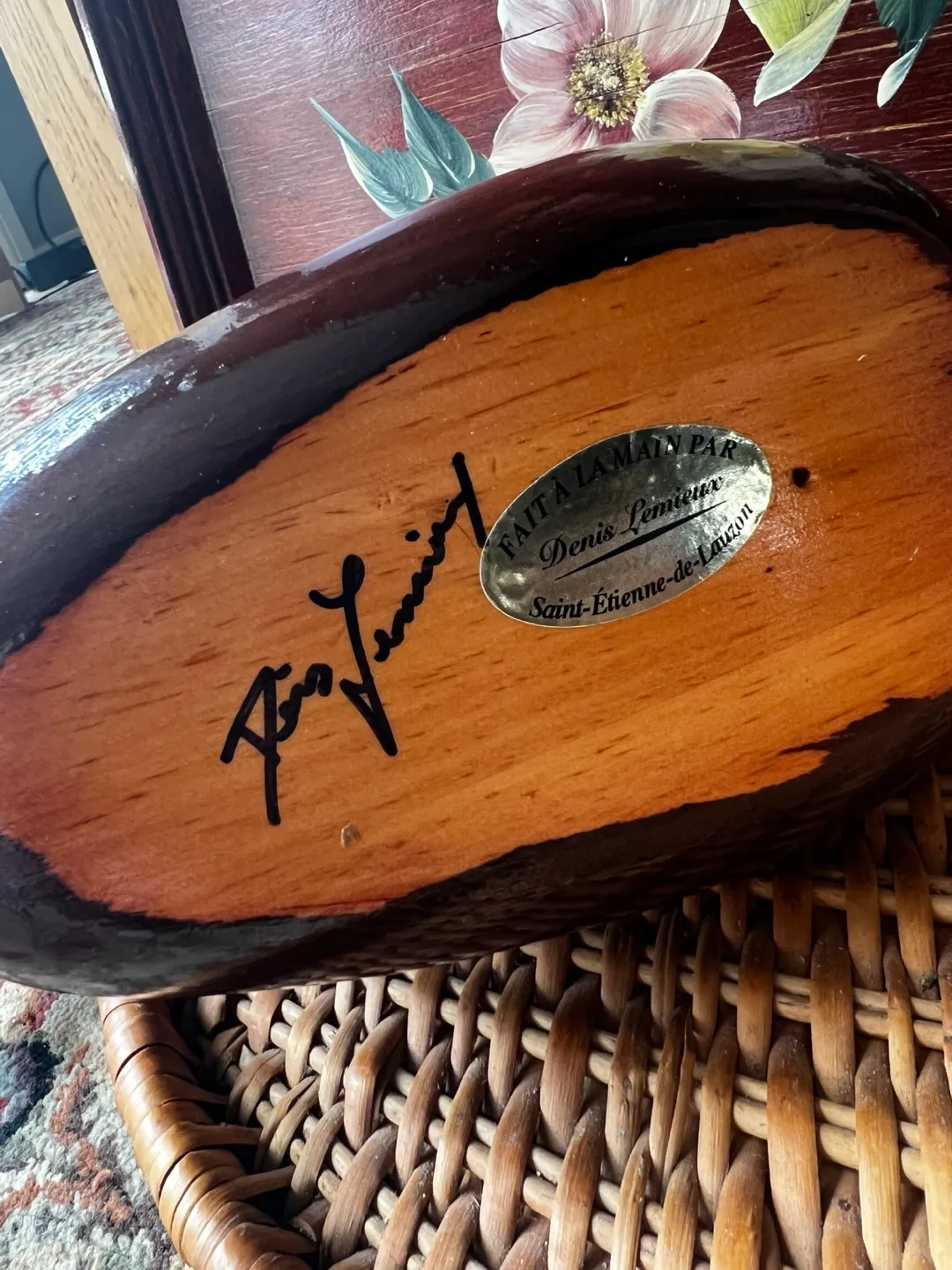 Hand-Carved Wooden Duck on Wicker Tray image indicator(3)