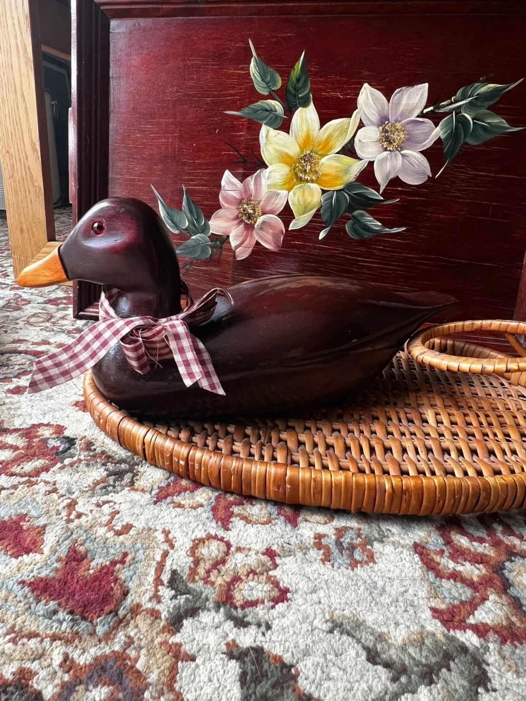 Hand-Carved Wooden Duck on Wicker Tray image indicator(2)