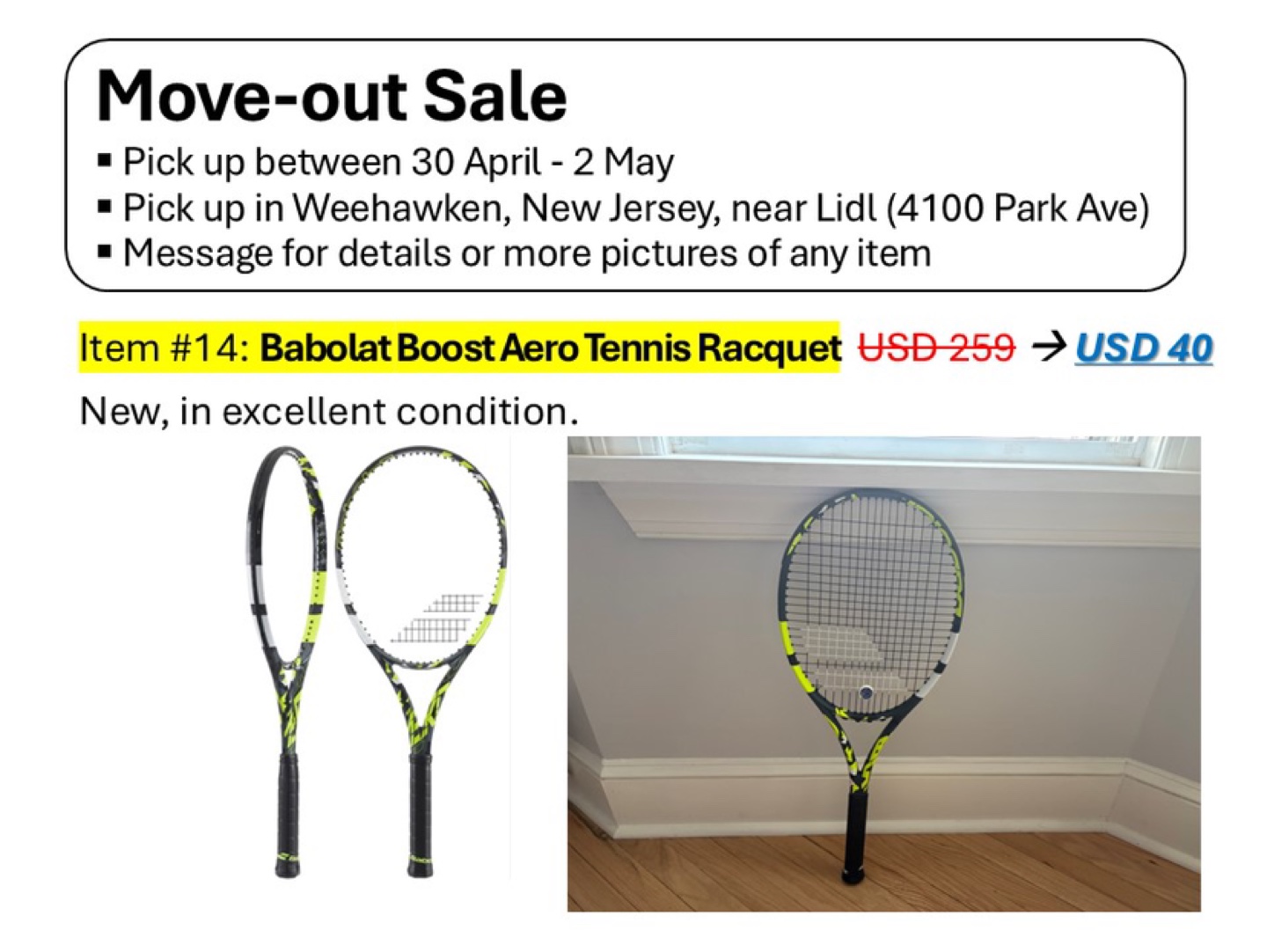 Babolat Boost Aero Tennis Racquet - New, Excellent Condition!