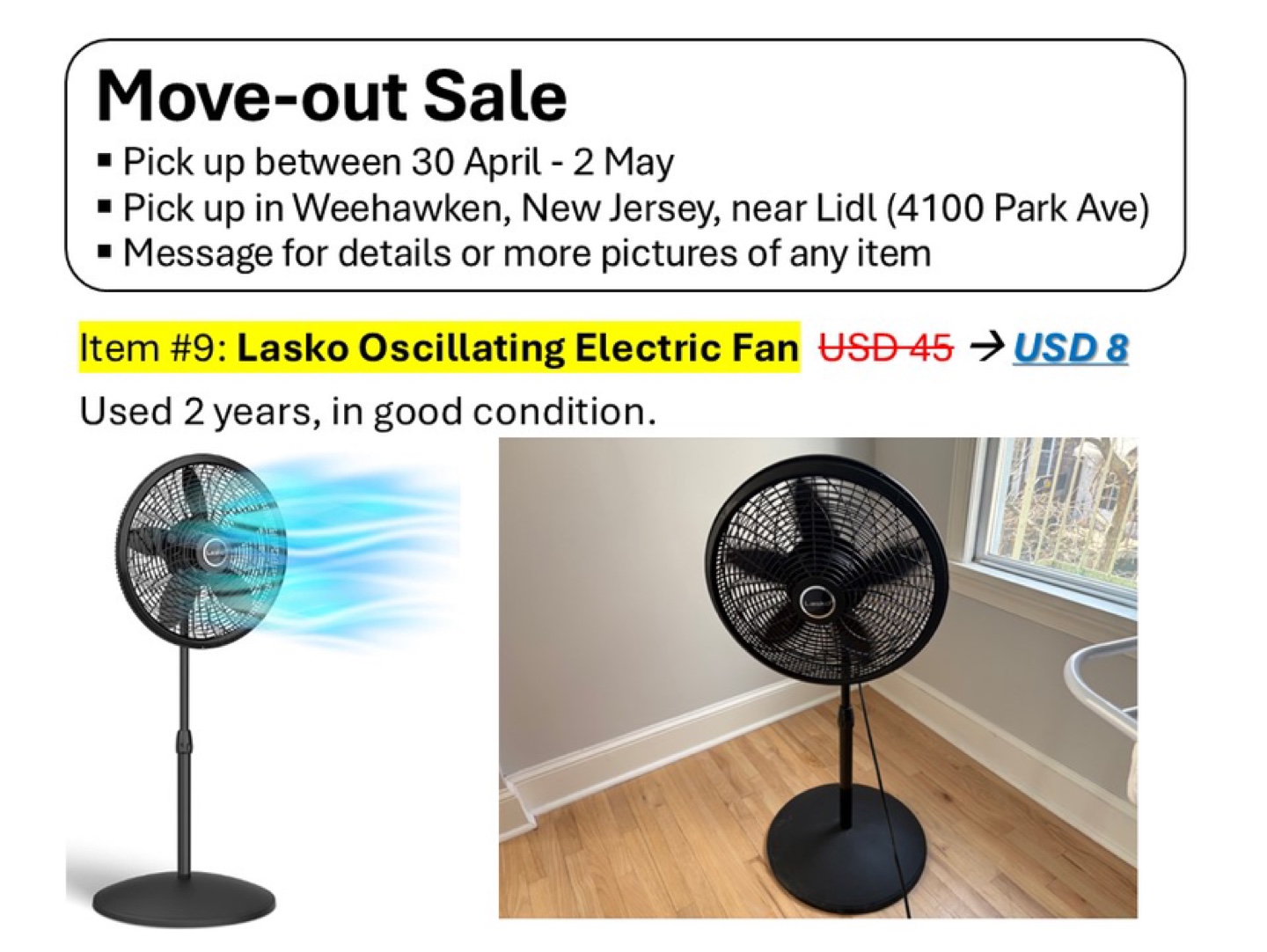 Lasko Oscillating Electric Fan - Excellent Condition