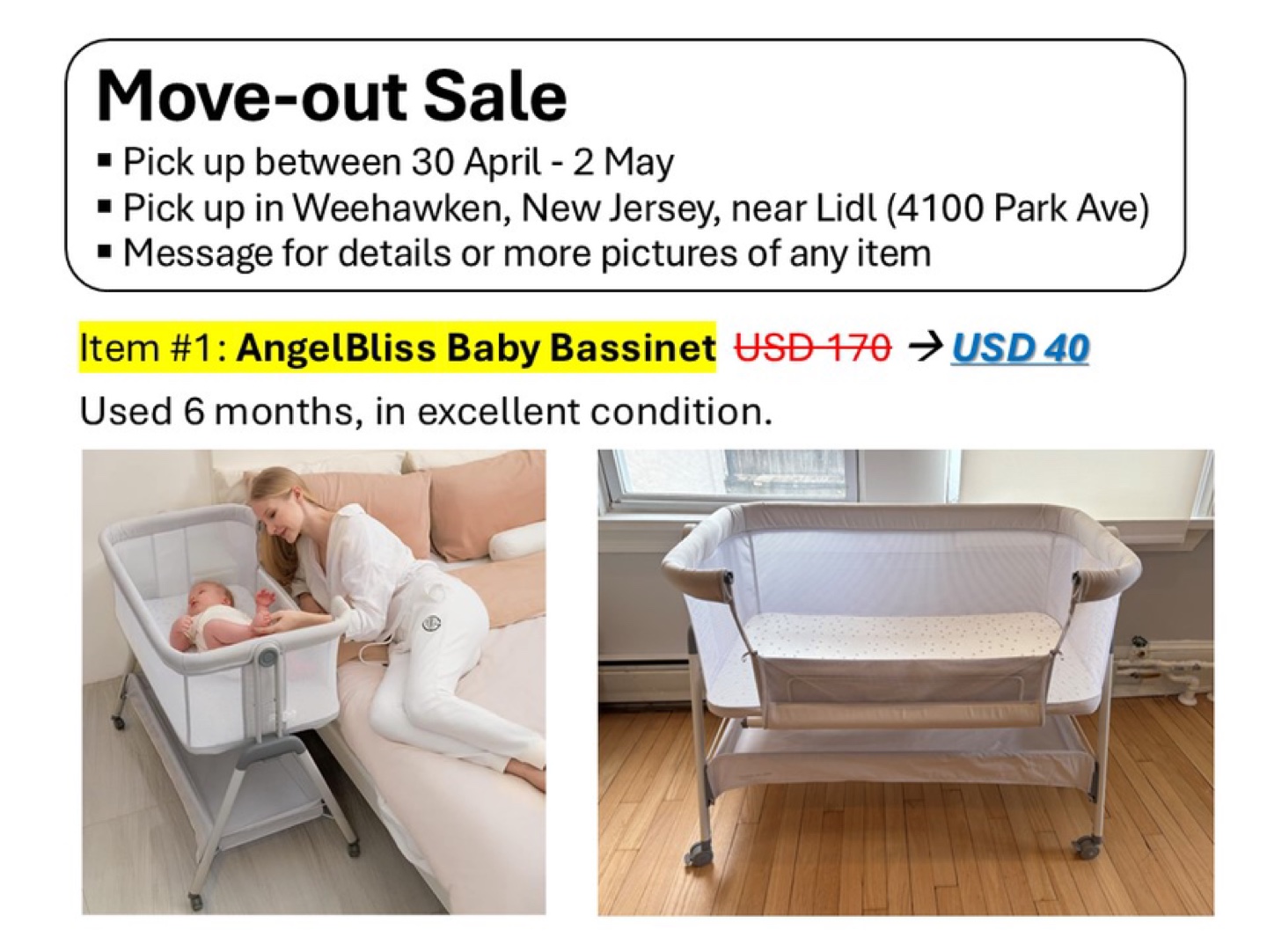 AngelBliss Baby Bassinet - Excellent Condition