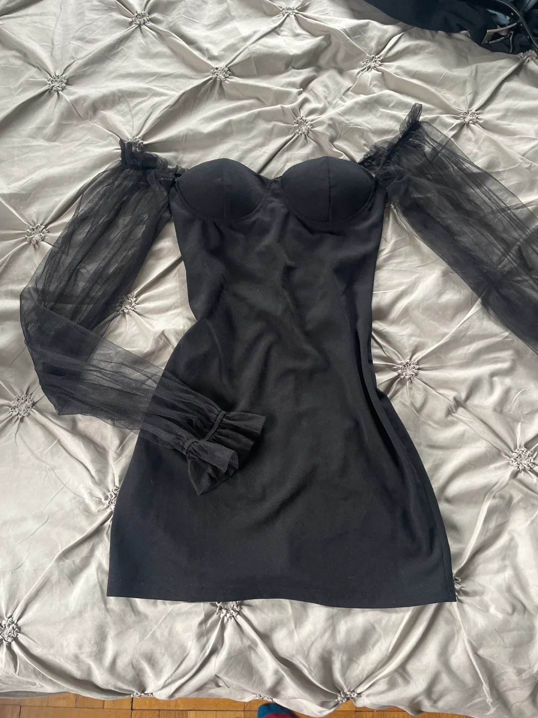 Black Off-the-Shoulder Mini Dress with Mesh Sleeves thumbnail