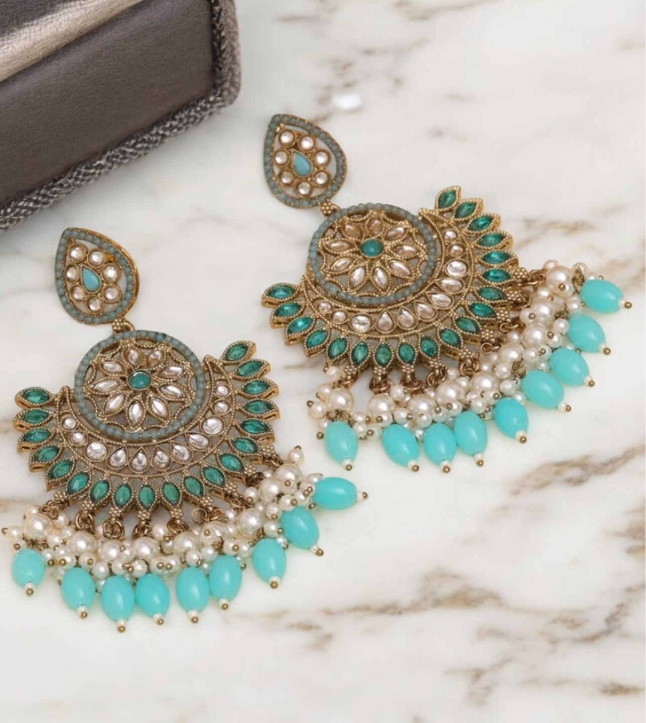 Elegant Teal and Gold Statement Earrings