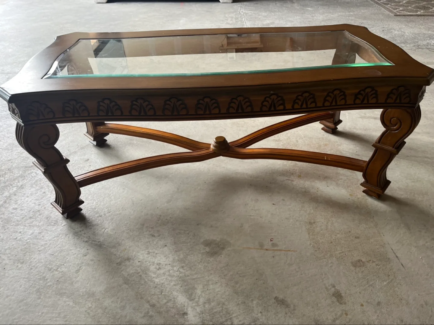 Glass Top Coffee Table with Intricate Wood Frame image indicator(2)