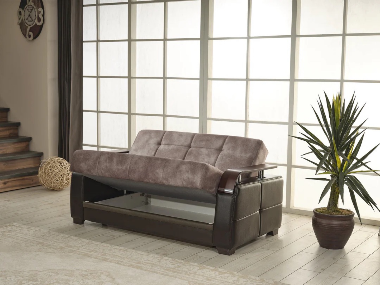 Brown Futon Sofa 2 seat Bed with Storage - photo 3