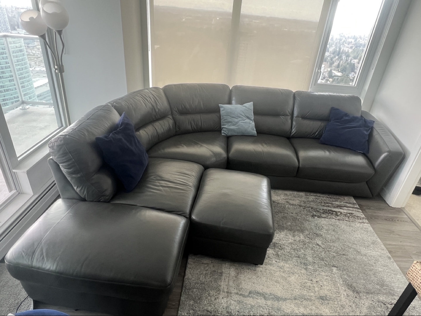 Dark Grey Leather Sectional Sofa with Ottoman