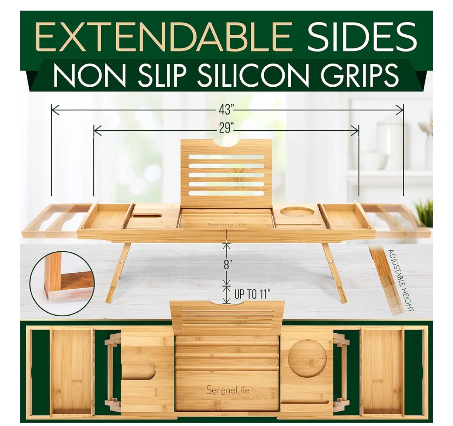 SereneLife Bamboo Bath Caddy with Extendable Sides - photo 2