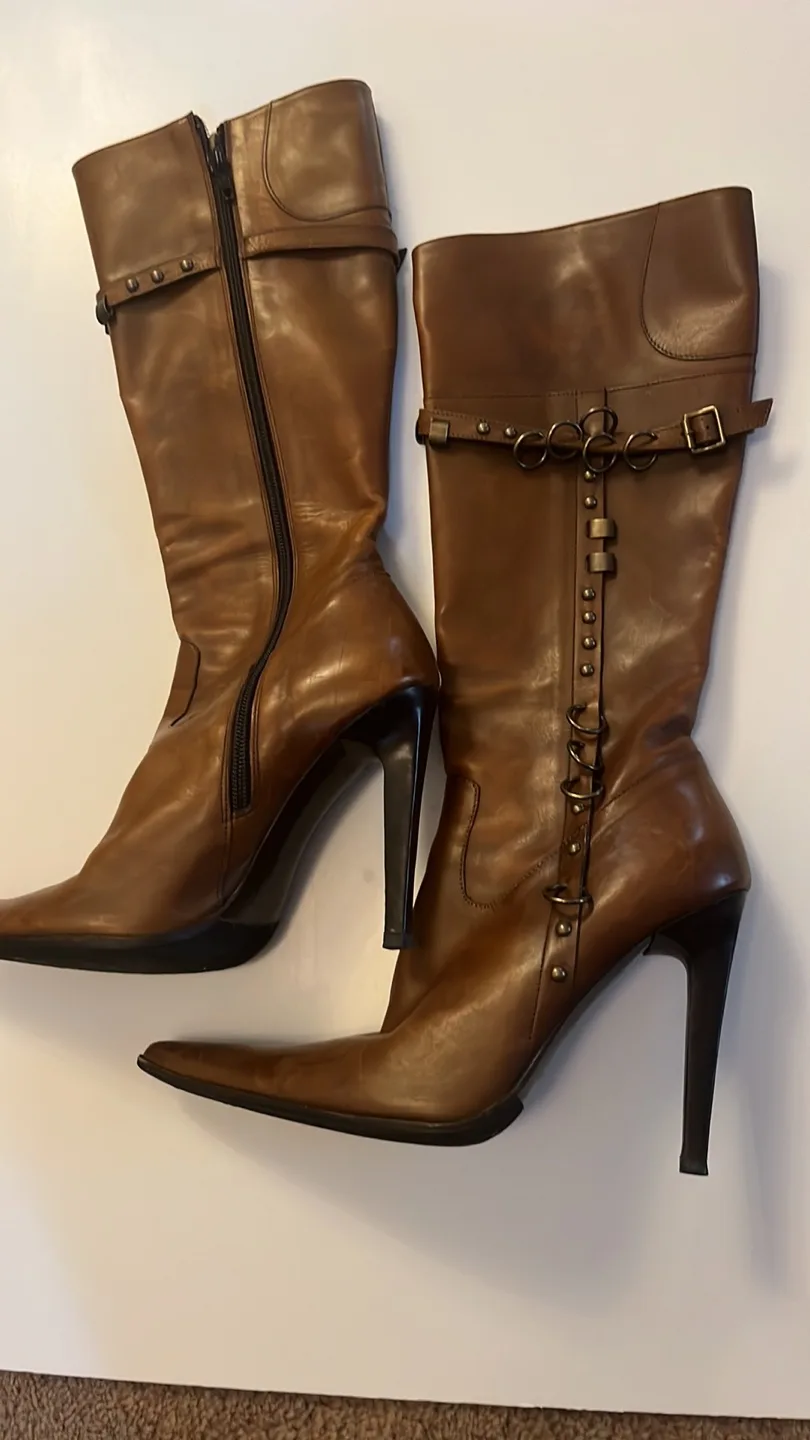 Brown Leather Knee-High Boots with Metal Accents thumbnail