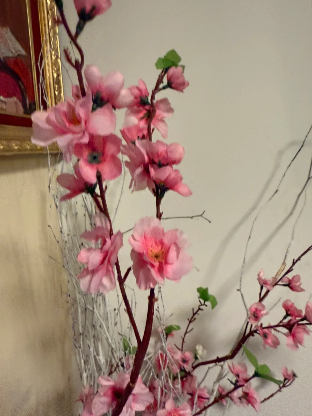 Blue Ceramic Vase with Pink Flower and White Branch Arrangement image indicator(3)