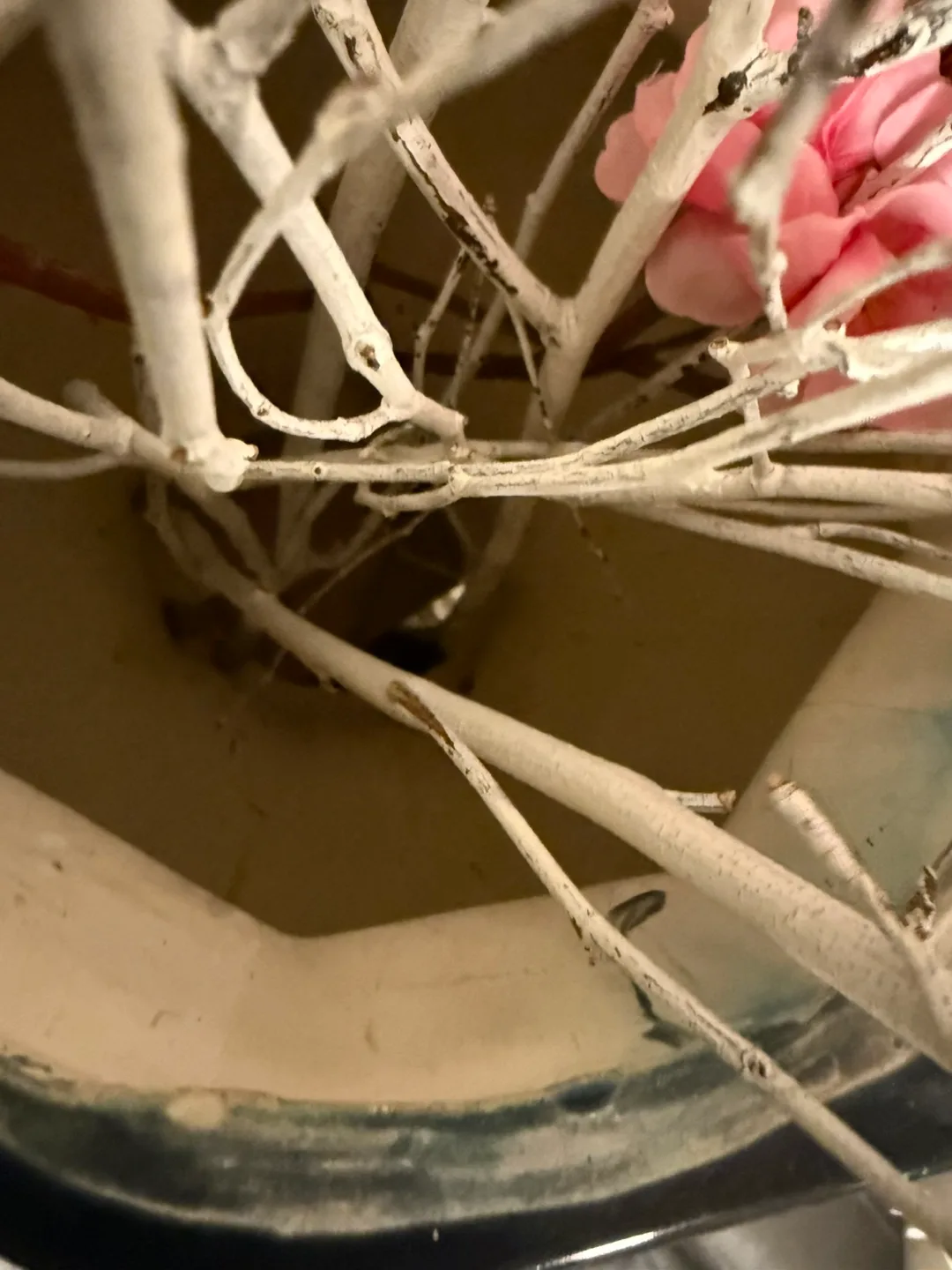 Blue Ceramic Vase with Pink Flower and White Branch Arrangement image indicator(4)