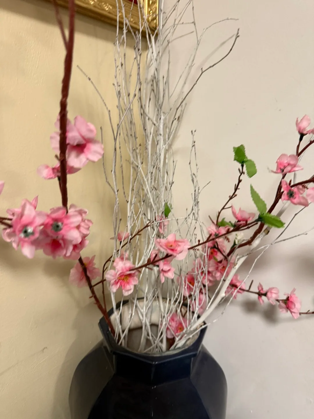 Blue Ceramic Vase with Pink Flower and White Branch Arrangement image indicator(2)