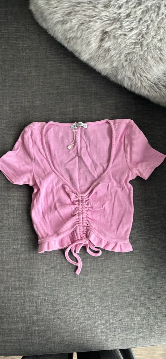 Pink Ribbed Crop Top with Drawstring Detail thumbnail