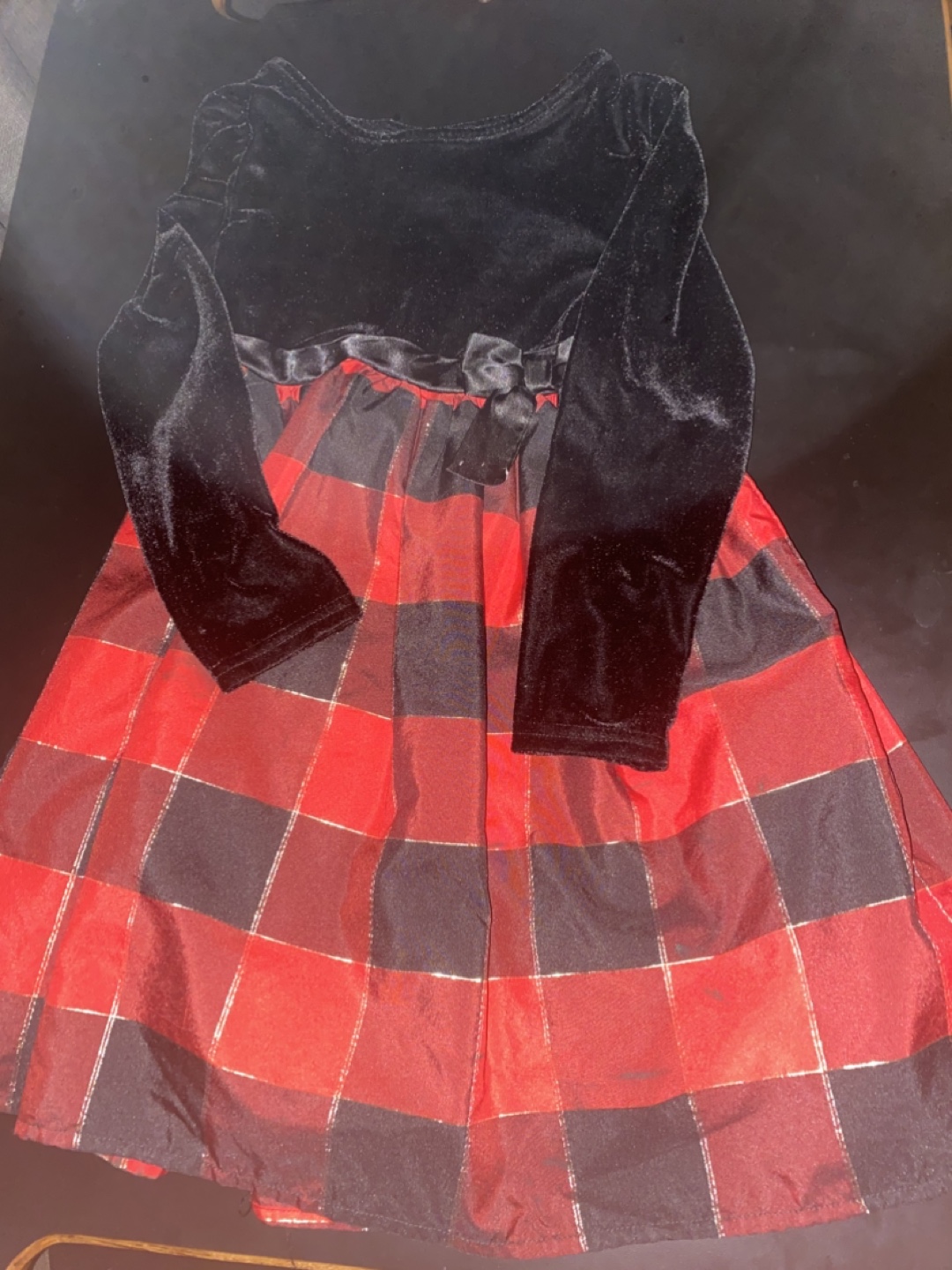 Girls' Red and Black Plaid Velvet Dress