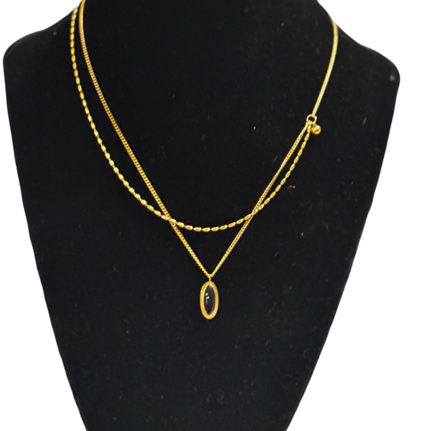 Delicate Gold Layered Necklace with Black Oval Pendant