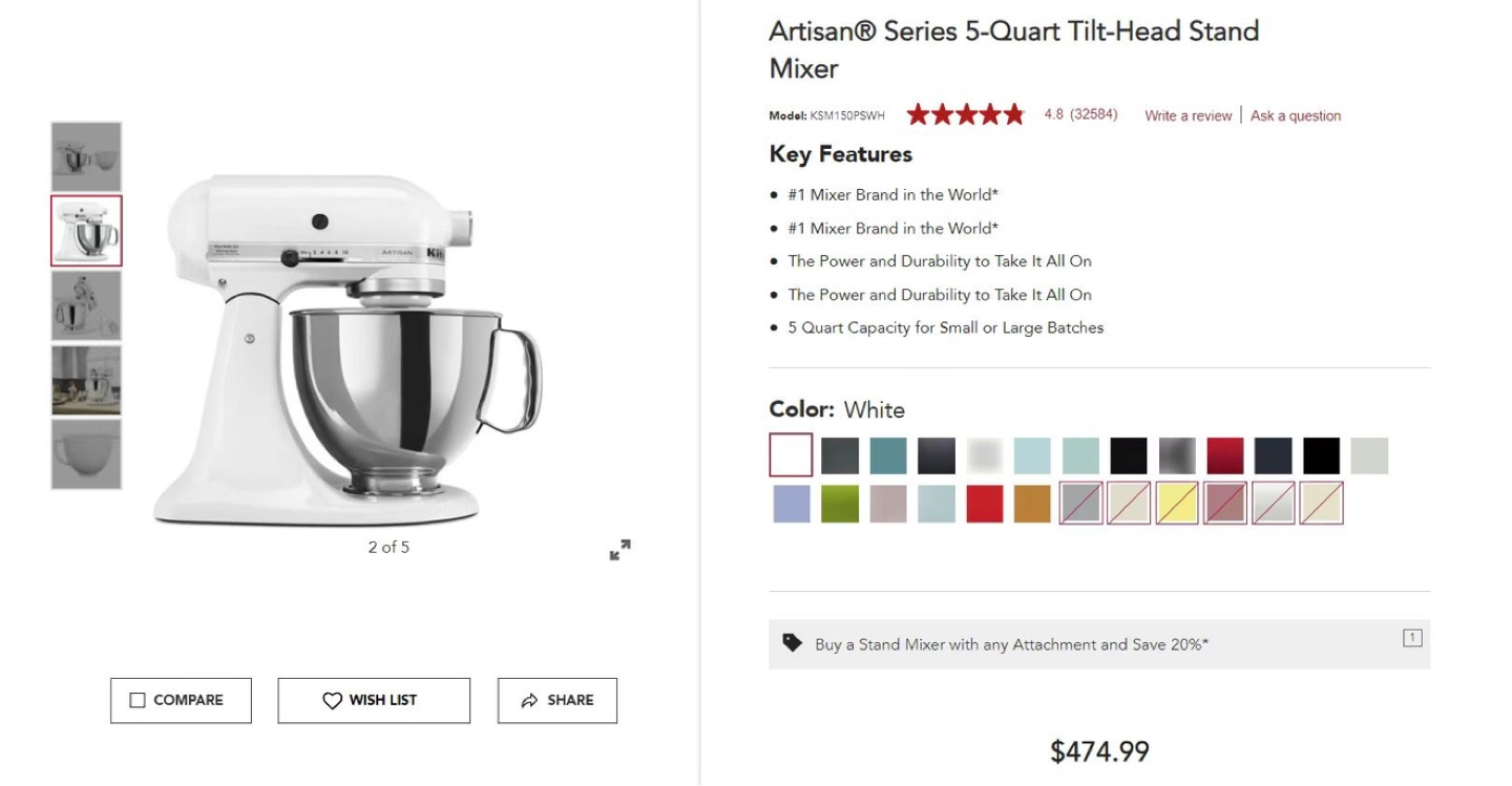 KitchenAid Artisan 5-Quart Tilt-Head Stand Mixer - White - photo 3