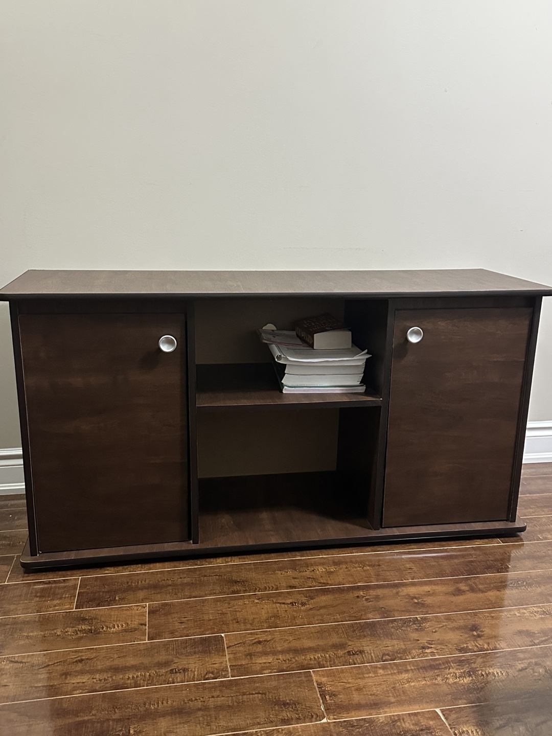Dark Brown Wooden Cabinet with Two Doors and Shelf