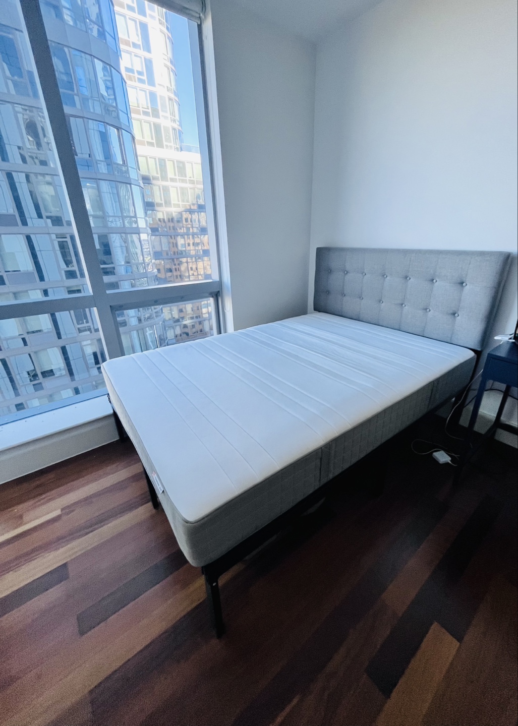 Full IKEA Mattress with Grey Headboard