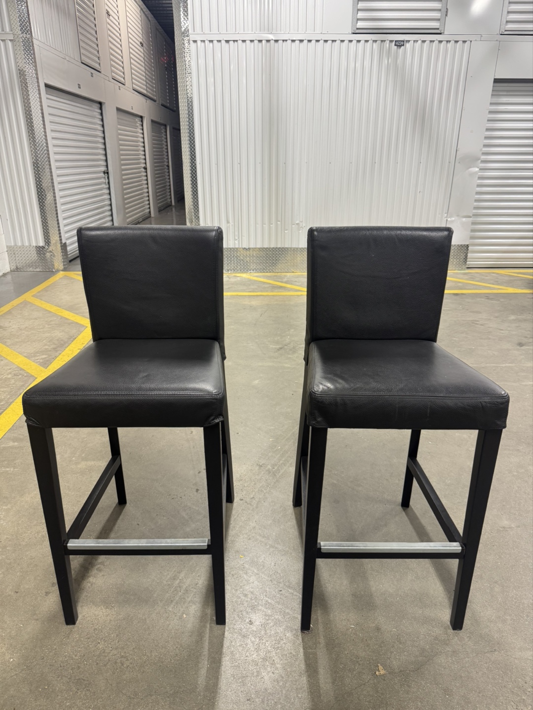 Pair of Black Leather Bar Stools