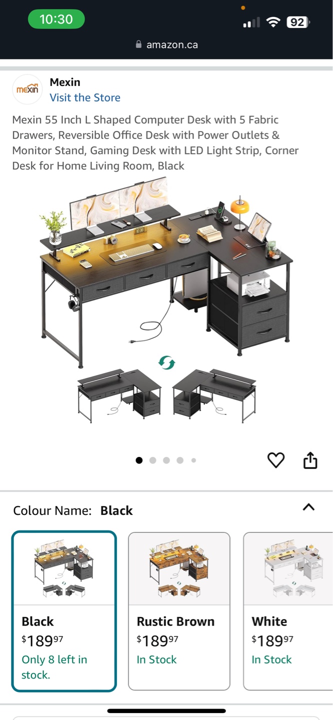 Mexin 55 Inch L Shaped Computer Desk with LED Light Strip